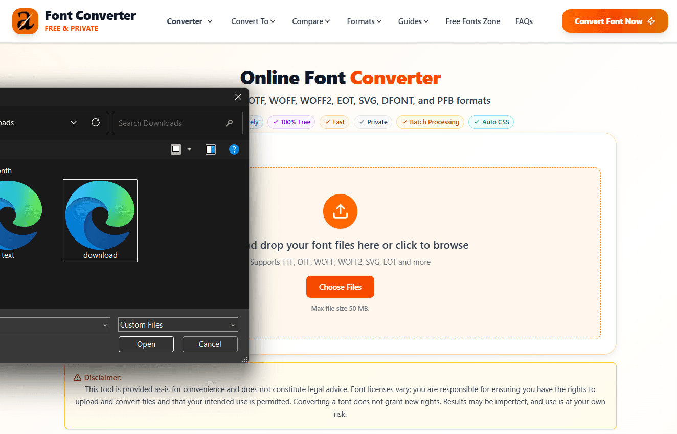 Screenshot showing the font upload interface with drag and drop area