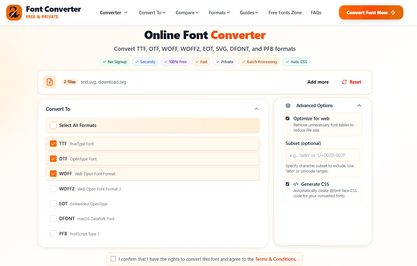 Screenshot showing advanced options panel with optimization and subsetting settings