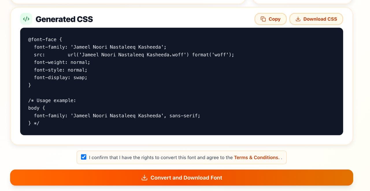 Screenshot showing the generated CSS code with copy and download buttons