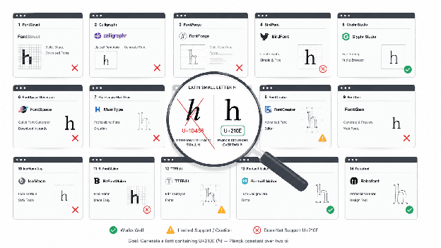 Comparison of 14 font generators showing Unicode Letterlike Symbols bug detection results